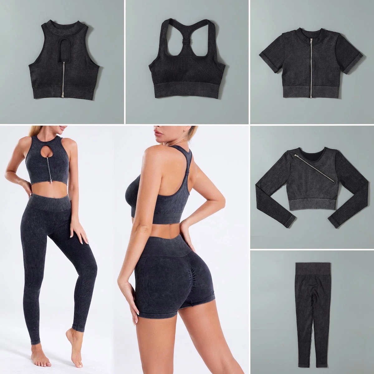 Hot Sexy 2/3/4/5/6 Stück Jeans-Stil Washed Butt Lifer nahtlose Gym Kleidung für Frauen, stilvolle Workout Tops + kurze Leggings Activewear Bodybuilding Bekleidung