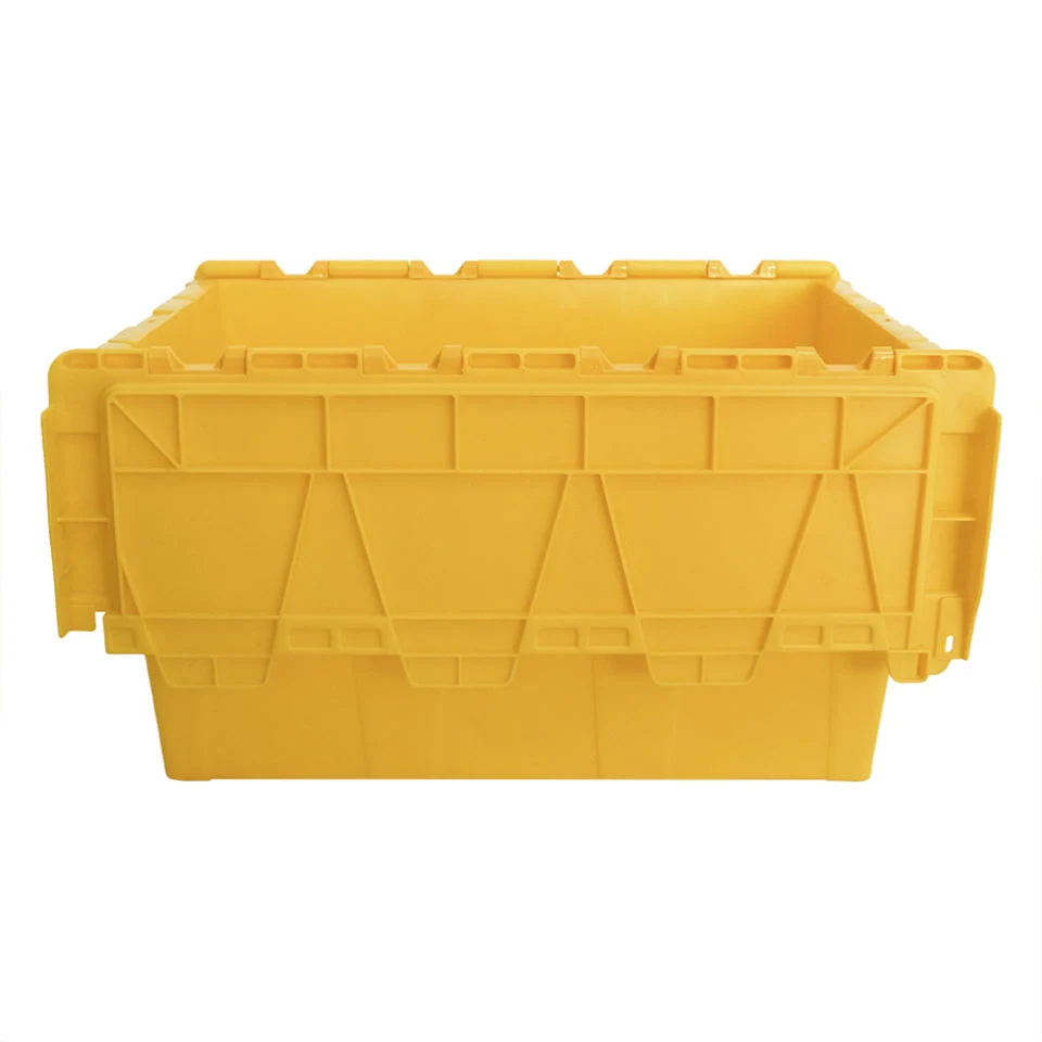 Warehouse Plastic Moving Crate Nestable Storage Attached Lid Containers Round Trip Tote Logistic Box for Transport