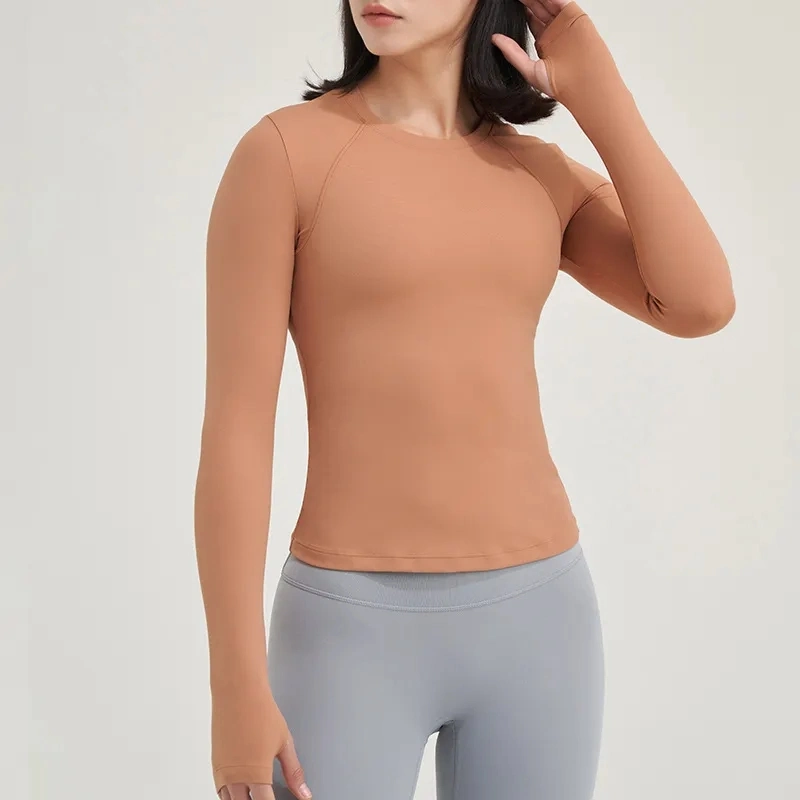 Comercio al por mayor/OEM ODM Mujer manga larga de cuello o Tees Tops casuales Gimnasio Activa la ejecución de Desgaste Gimnasio Workout camiseta con el agujero del pulgar