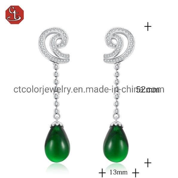 Moda S925 anillo de Plata sintético verde cristal largos pendientes para joyería de la mujer