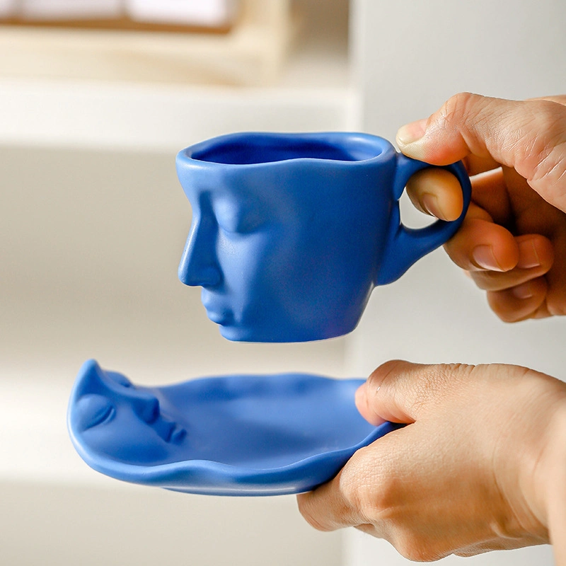 Ceramic 3D Human Face Mug & Saucer Set with Flower Spoon for Lovers