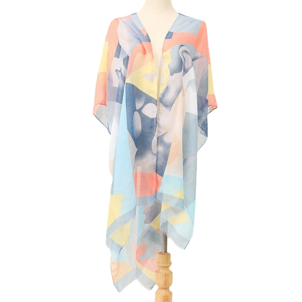 Women's Kimono Cover up Allover Print Ruffle Hem Beach Swimsuit Scarf