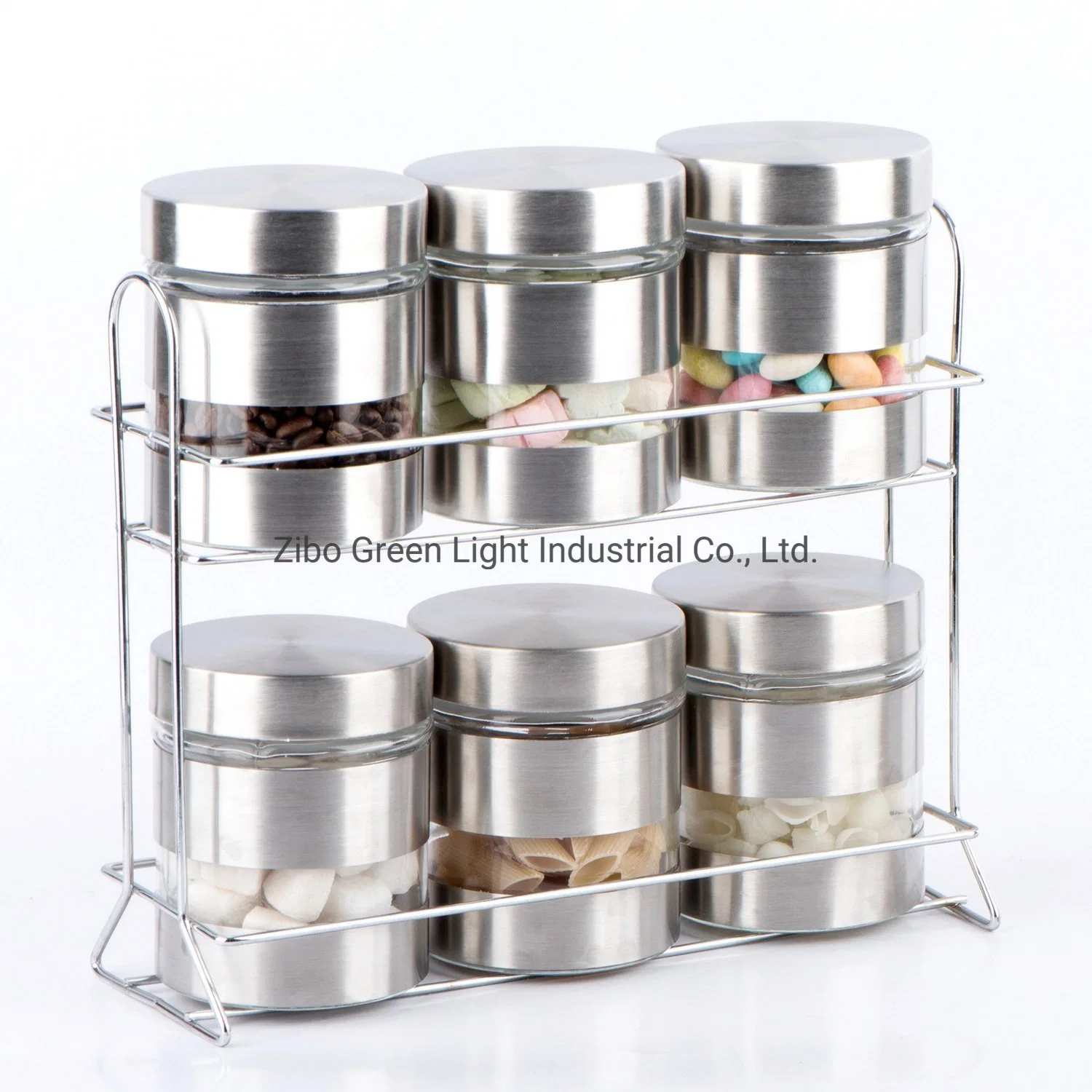 6PCS Glass Food Storage Jar with Stainless Steel Casing and Iron Rack for Candy Nuts