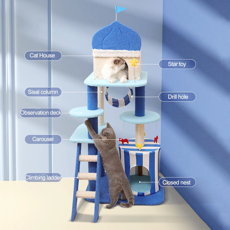 Aegean Park Series Blue Large Cat Trees Scratching Tower Board Toys Jumping Platform Pet Play House