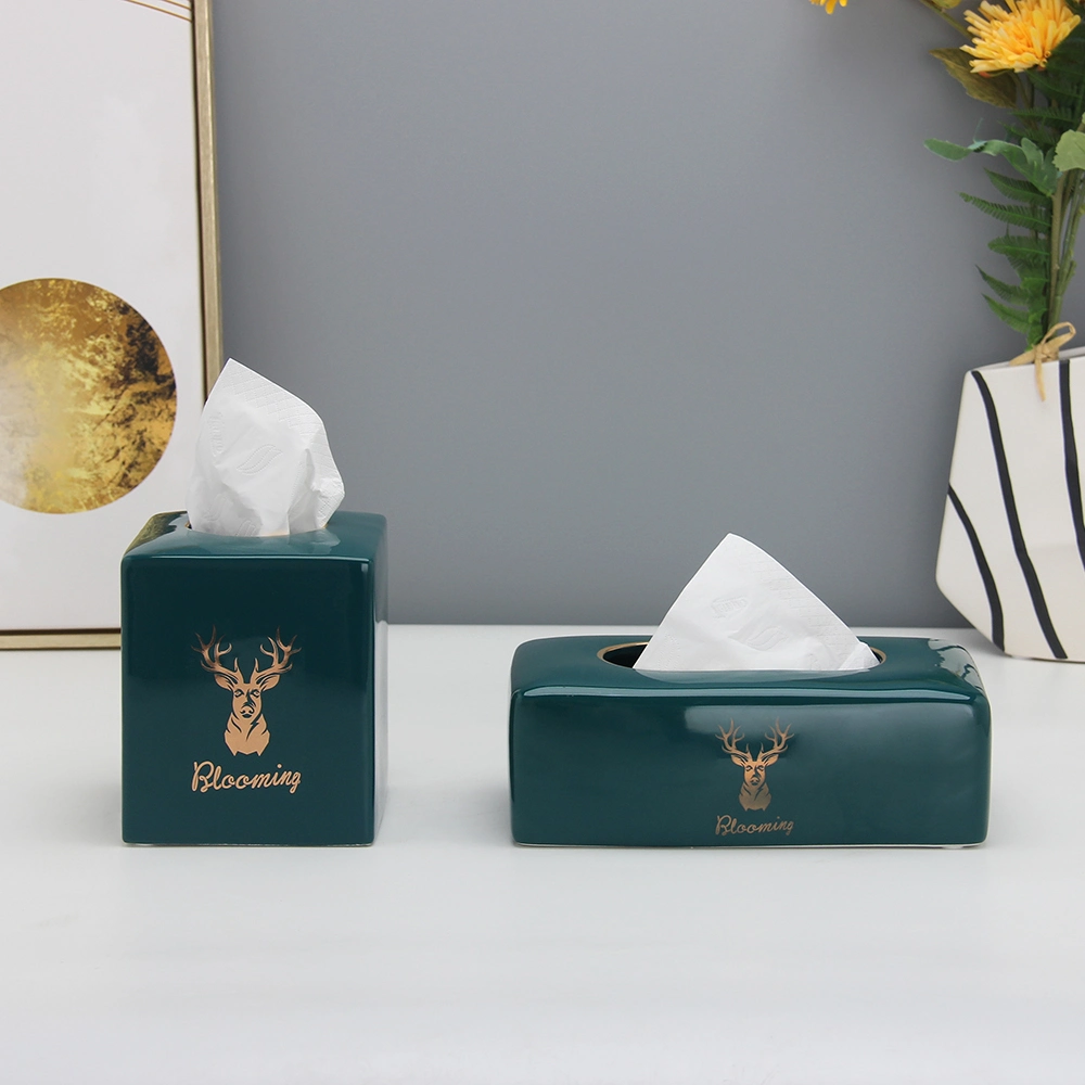 T018 High-End Ceramic Cyan Gold Tissue Box Holder Christmas Tissue Box Decor Home Porcelain Deer Square Box Tissue