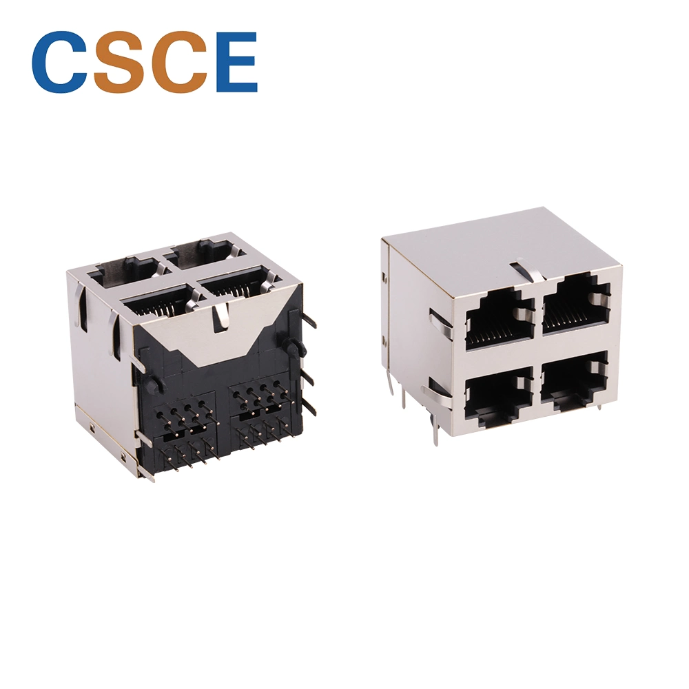 Stacked RJ45 Modular PCB Jack Connector with Through Hole