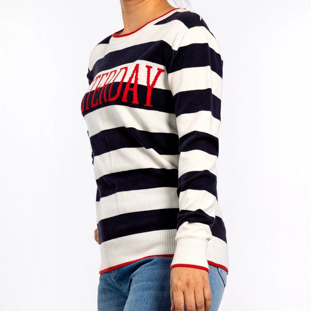 Women's Round Neck Embroidered Letters Logo Long Sleeve Pullover Knit Top Striped Sweater