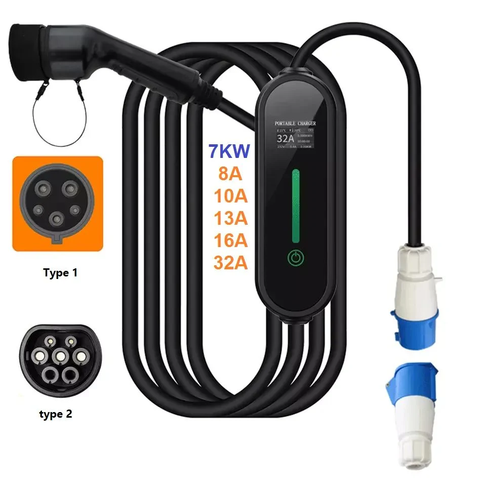 7kw EV Charger] 32A 110V 240V Type 1 Reservation with Screen IP67 NEMA Plug Charging 5m SAE J1772 Charging Pile Evse Mobile Connector Smart Electric Vehicle