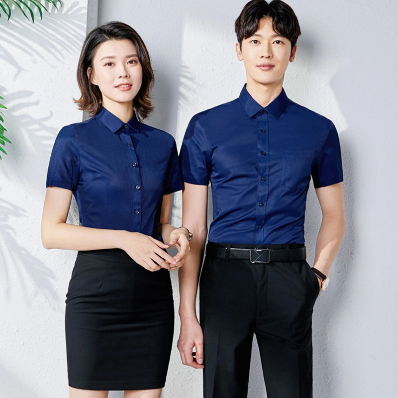 Customized Summer Solid Color Printed Square Lapel Collar Slim Business Worker Uniorm Iron-Free Short Sleeve Shirt