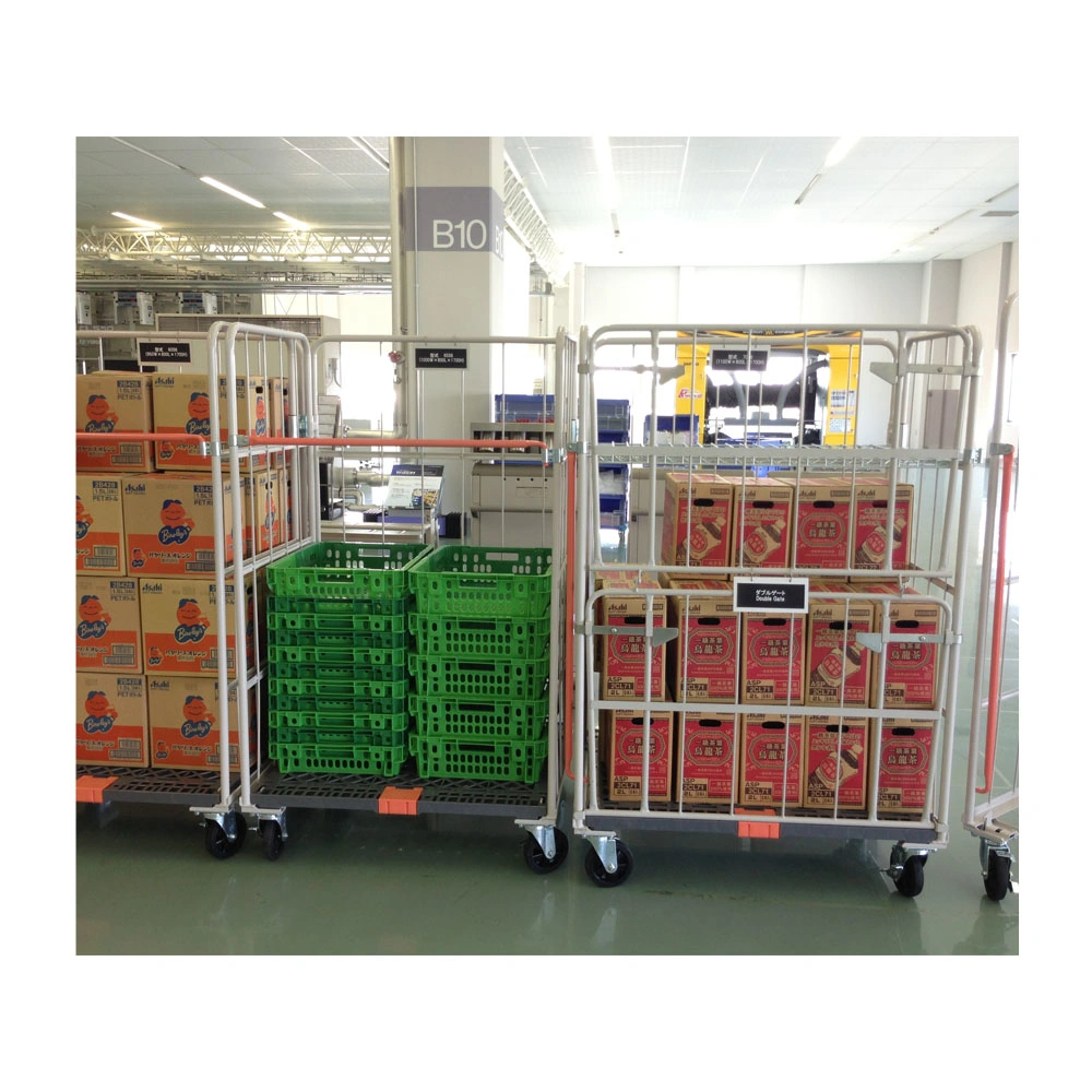 Nesting Cargo Cage Collapsible Goods Three Side Storage Metal Galvanized Warehouse Folding Pallet Cart Trolley