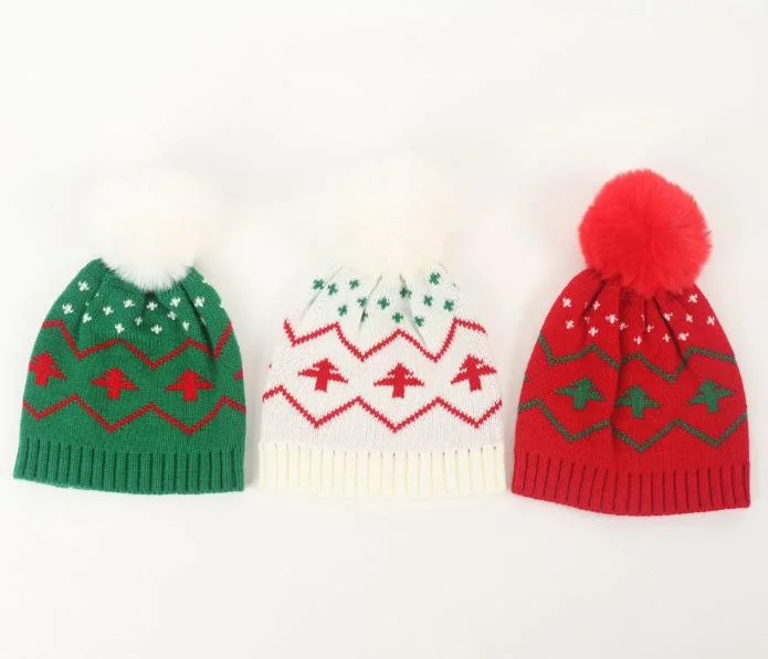 Wholesale/Supplier Warm Winter Hat Christmas Tree Children's Warm Wool POM Jacquard Knitted Skull Hat Beanie Cap Elastic