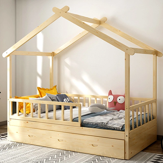 High quality/High cost performance Competitive Price Full Size Kids Baby House Bed Pine Wood Roof and Guardrails