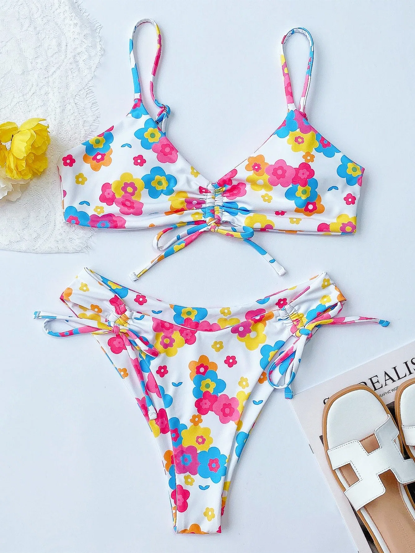 Floral Printing White Two Pieces Bikini Beach Wear