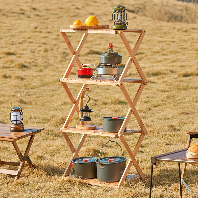 Rack de rangement de table de camping ultra-léger pliable en bois massif et multifonction d'extérieur