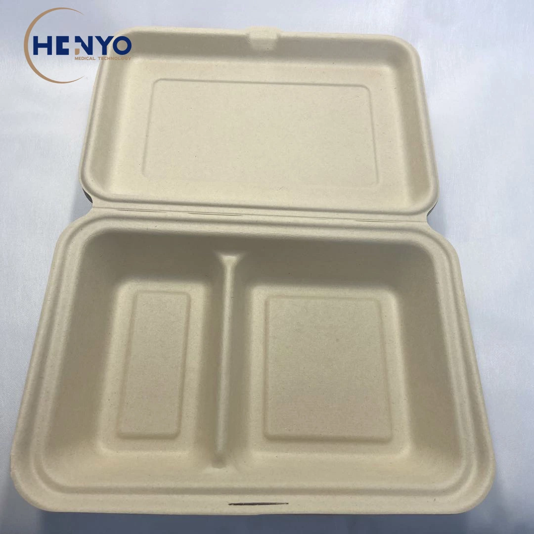 9 * 6 Pâte de canne à sucre Double-Compartment Two-Compartment jetables compostables Boîte à lunch box à emporter