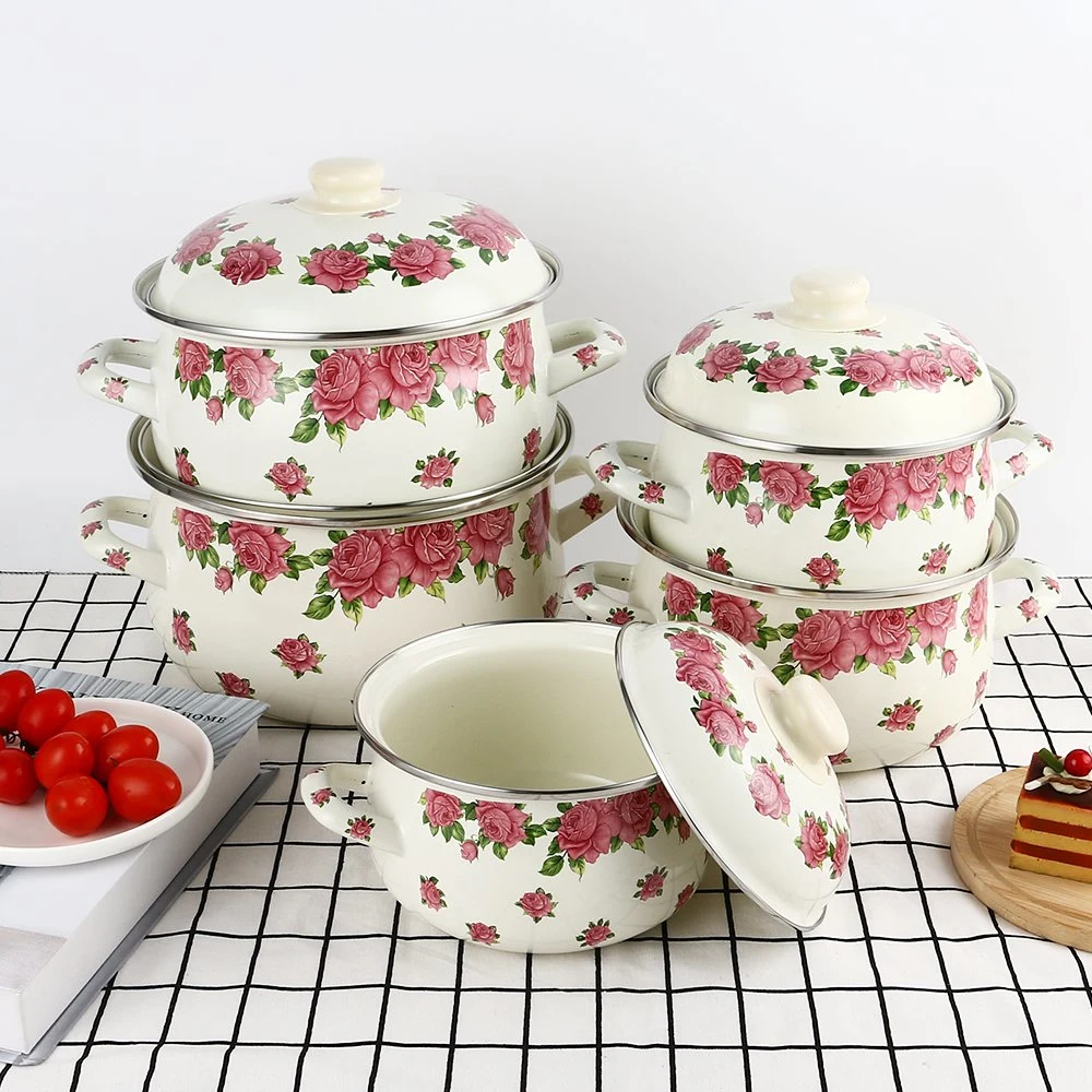 18-26cm Full Printing Stocks Cookware Rose Cooking Set Soup Container Camping Pot Enamel Casserole Set