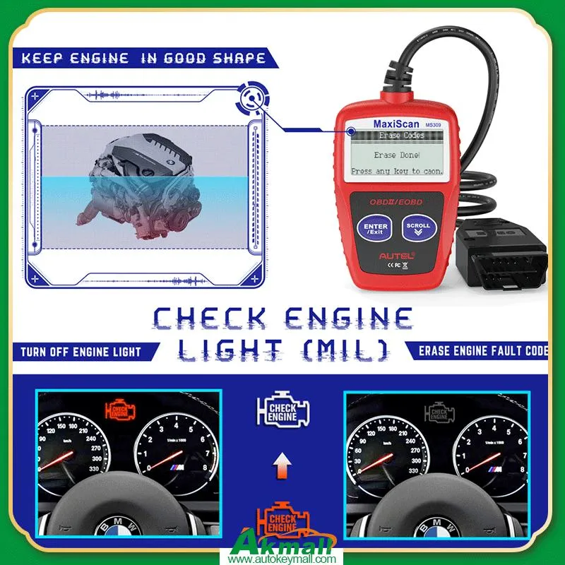 Autel Maxiscan Ms309 Scanner OBD2 Herramienta de diagnóstico de revisar el motor de coche, lector de códigos de lectura y borrado de códigos DTC Datos del bastidor, apague la luz Check Engine