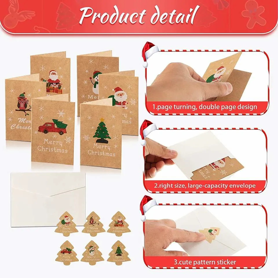 Kraft Paper Greeting Cards Handmade Card with Envelope and Cartoon Stickers for Merry Christmas