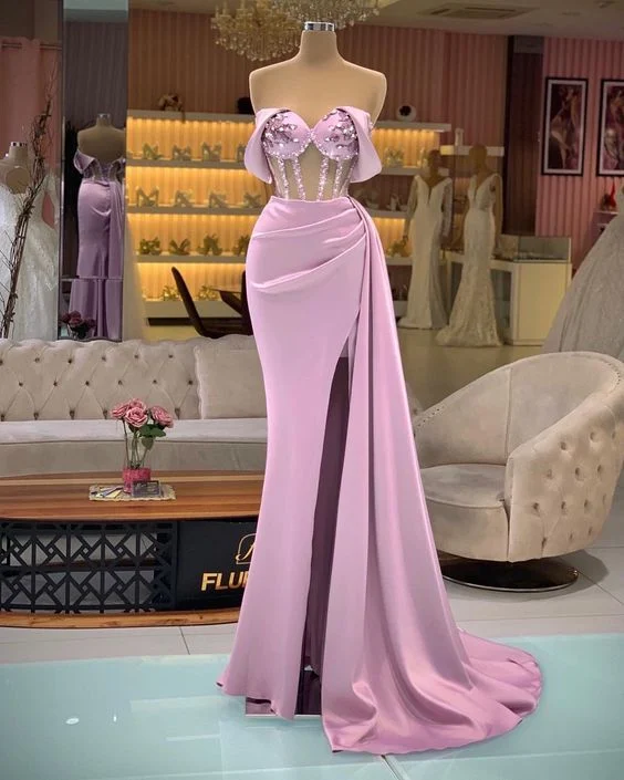Pink Blush Evening Dress Satin Zipper Long Sheath Mermaid Prom Gown B37