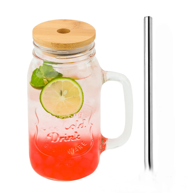 12 Oz 350 Ml Mason Handle Glass Mug with Bamboo Lids and Straw