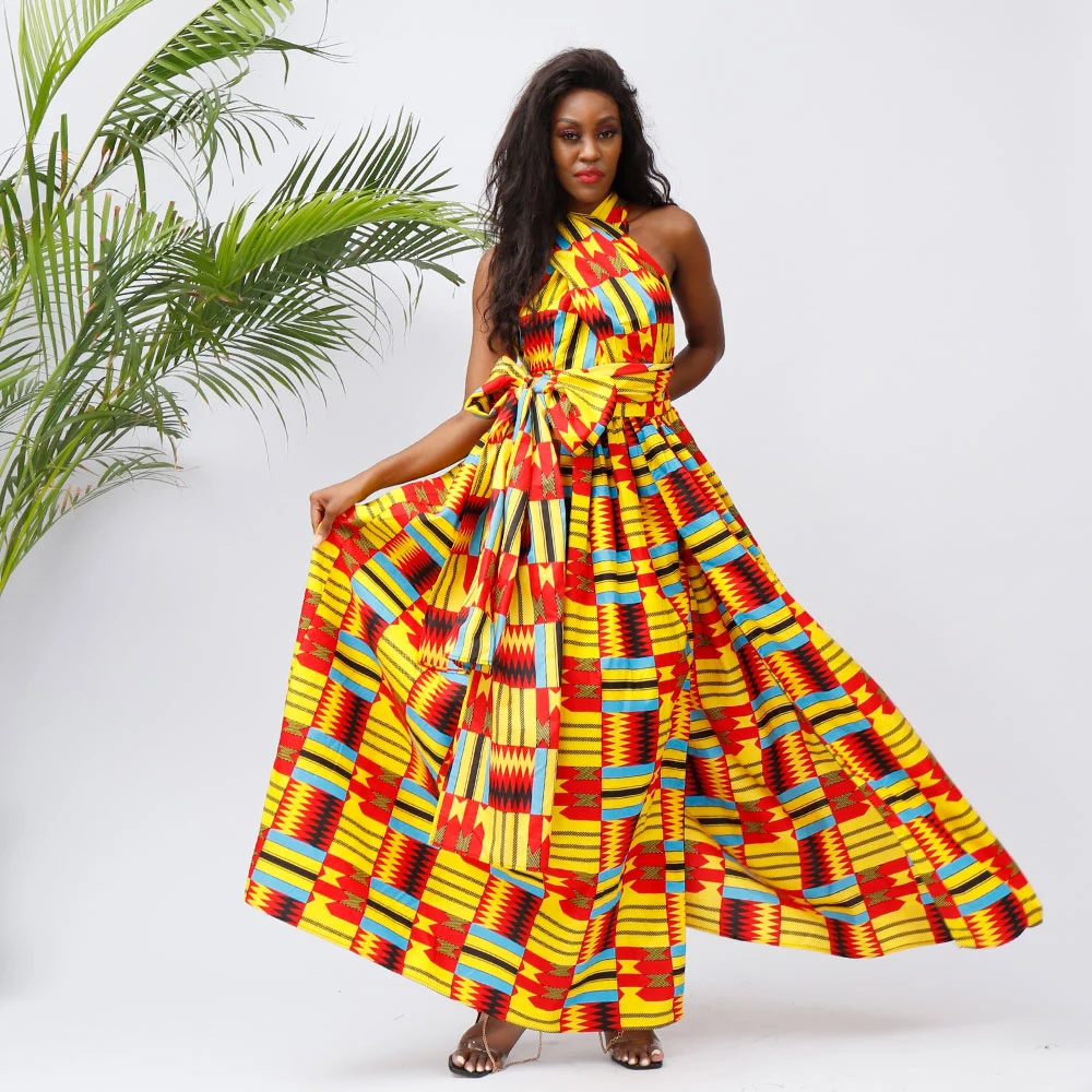 2021 Robe Maxi en Coton 100% Personnalisée de Mode en Gros avec Motifs Kitenge Africains Grande Taille Épaules Dénudées pour Femmes