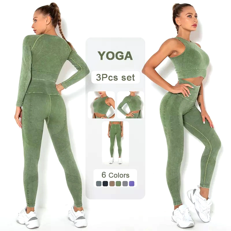 Hot-Sale 2/3PCS Set Muslim Yoga Outfits Seamless Athletic Apparel for Women, Custom Green Tank Top with Gym Leggings Conservative Sports Clothes