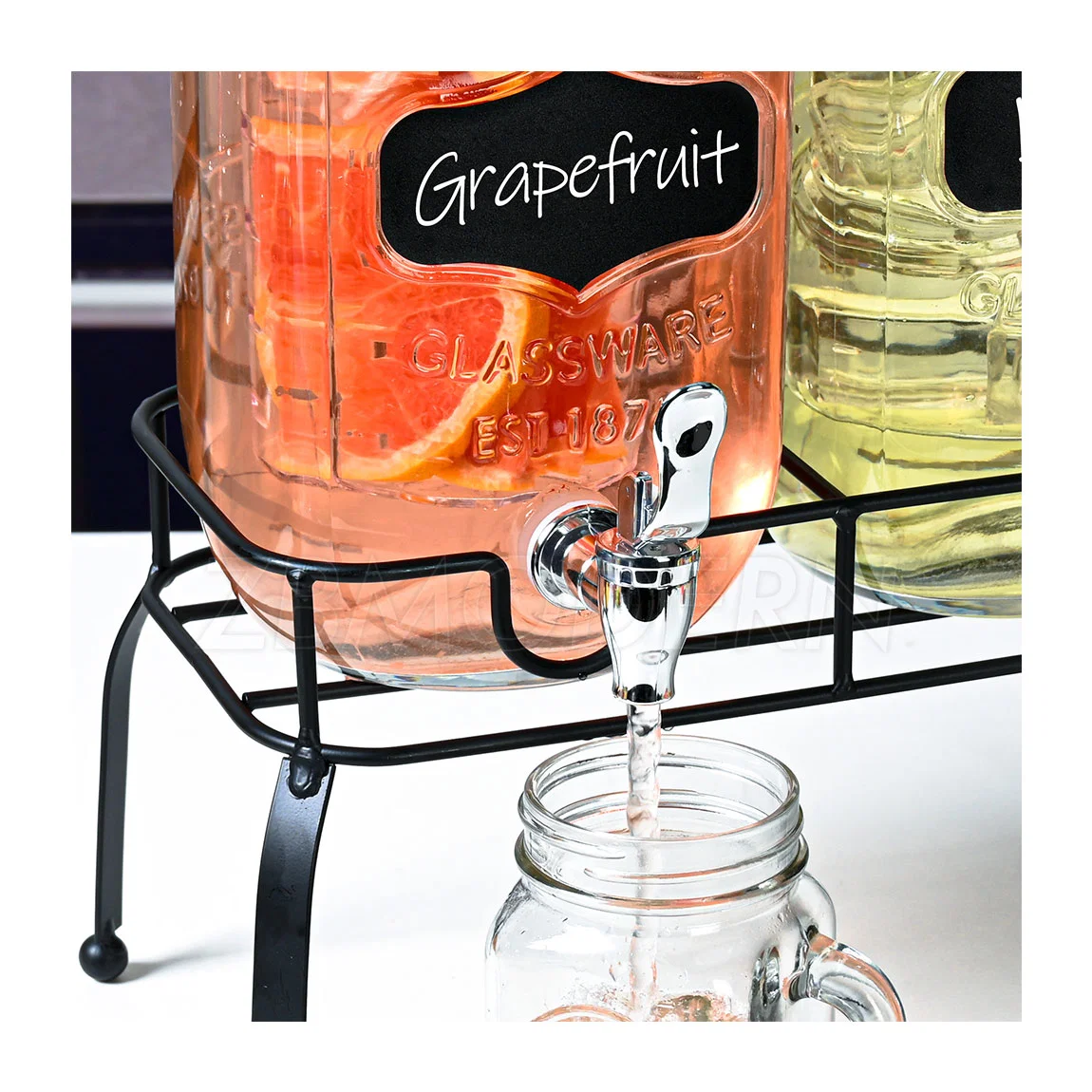 Hochwertige Großhandel Doppel 1 Gallone 3,78L Glas Getränkespender Mit Fruit Infuser Ice Infuser Metallgestell