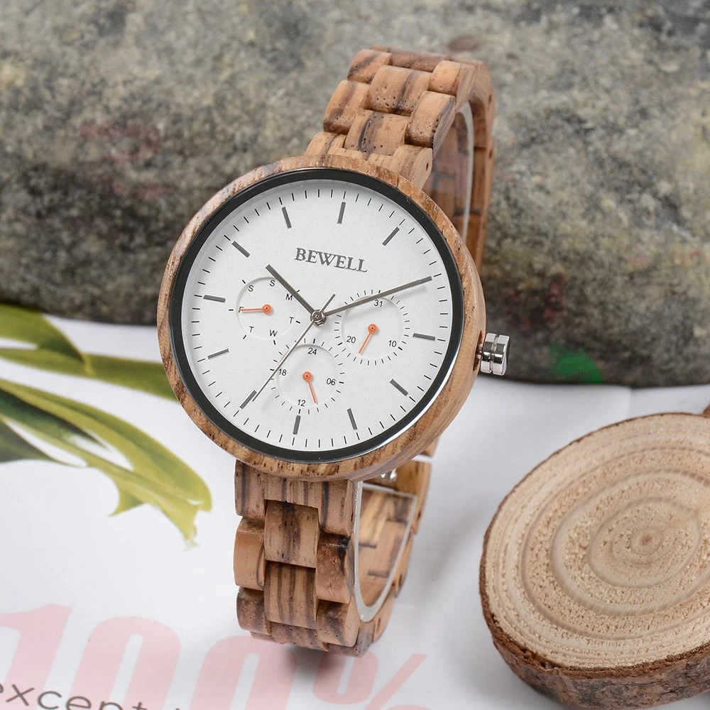 Bewell dernière montres cadeau Unisex boîtier et bracelet en bois naturel Femme et hommes Chronographe Wood Watch