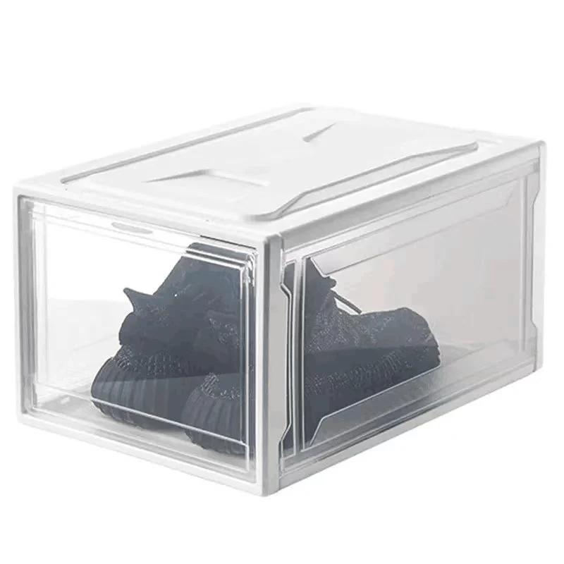 Funda de caja de zapatillas Sneaker con diseño acrílico antiarañazos plegable gratis Caja de zapata de plástico transparente abierta lateral magnética apilable