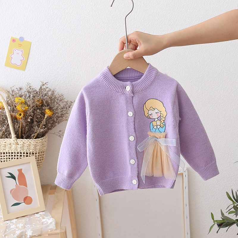 Spring Kids Girl Cartoon Embroidered Knitted Sweaters Coat Cardigan