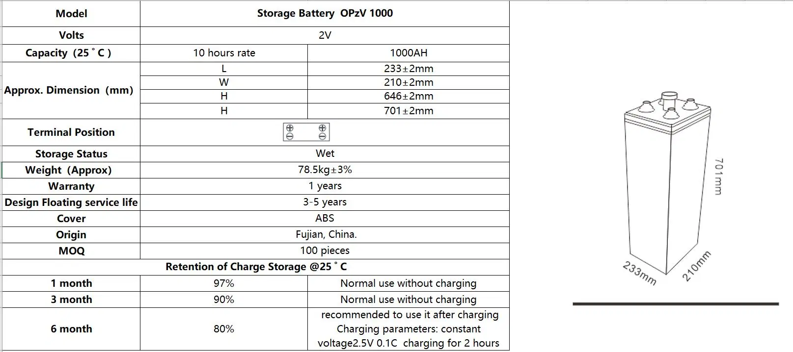 1000Ah 2V OPzV pack de batterie solaire pour l'extérieur pour l'offshore de feux d'alimentation de sauvegarde