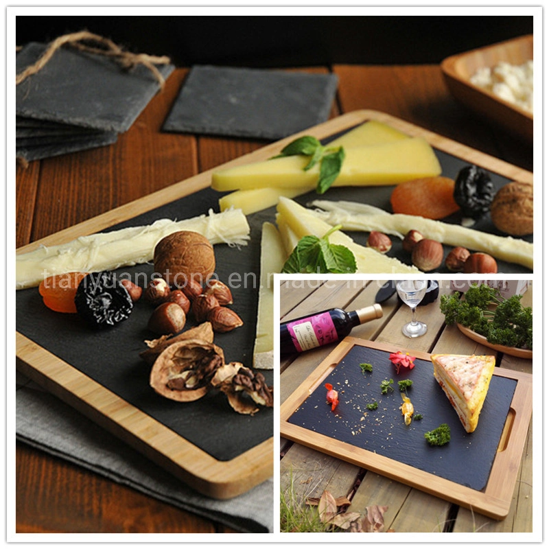 Rectangular Large Black Slate Stone Bamboo Cheese Board