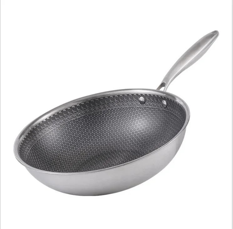 En forma de panal de doble cara 316 Acero Inoxidable acero Non-Stick Three-Layer Wok, sartén