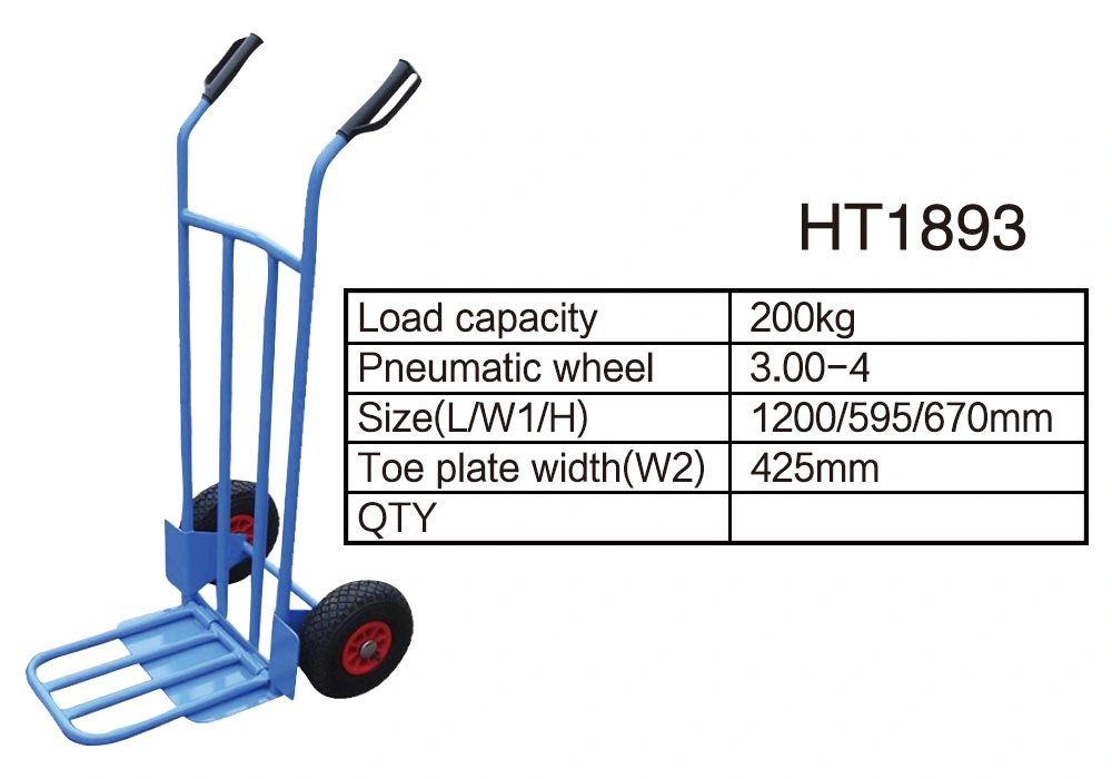 Ht1893 Heavy Duty Steel Hand Truck Dolley Hand Cart Trolley with Load Capacity 200kg 3.00-4 Inch Pneumatic Wheel