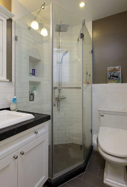 Double porte de douche avancée avec meuble de salle de bain autonettoyant, profil en acier inoxydable et cabine de douche en verre.