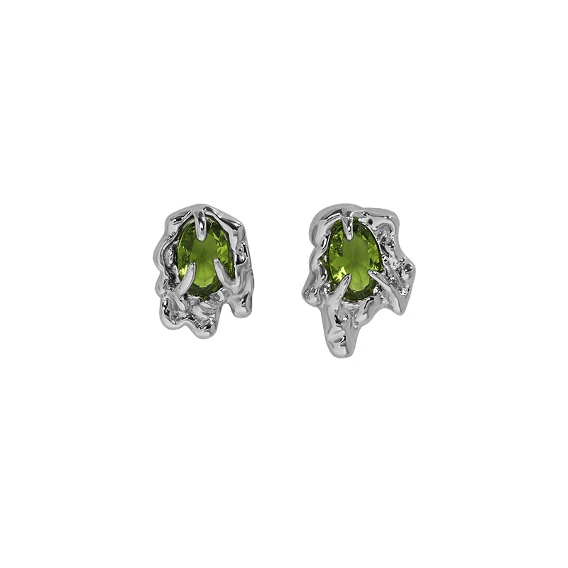 Korean Version of Ins Niche Olive Green Lava S925 Sterling Silver Earrings Female