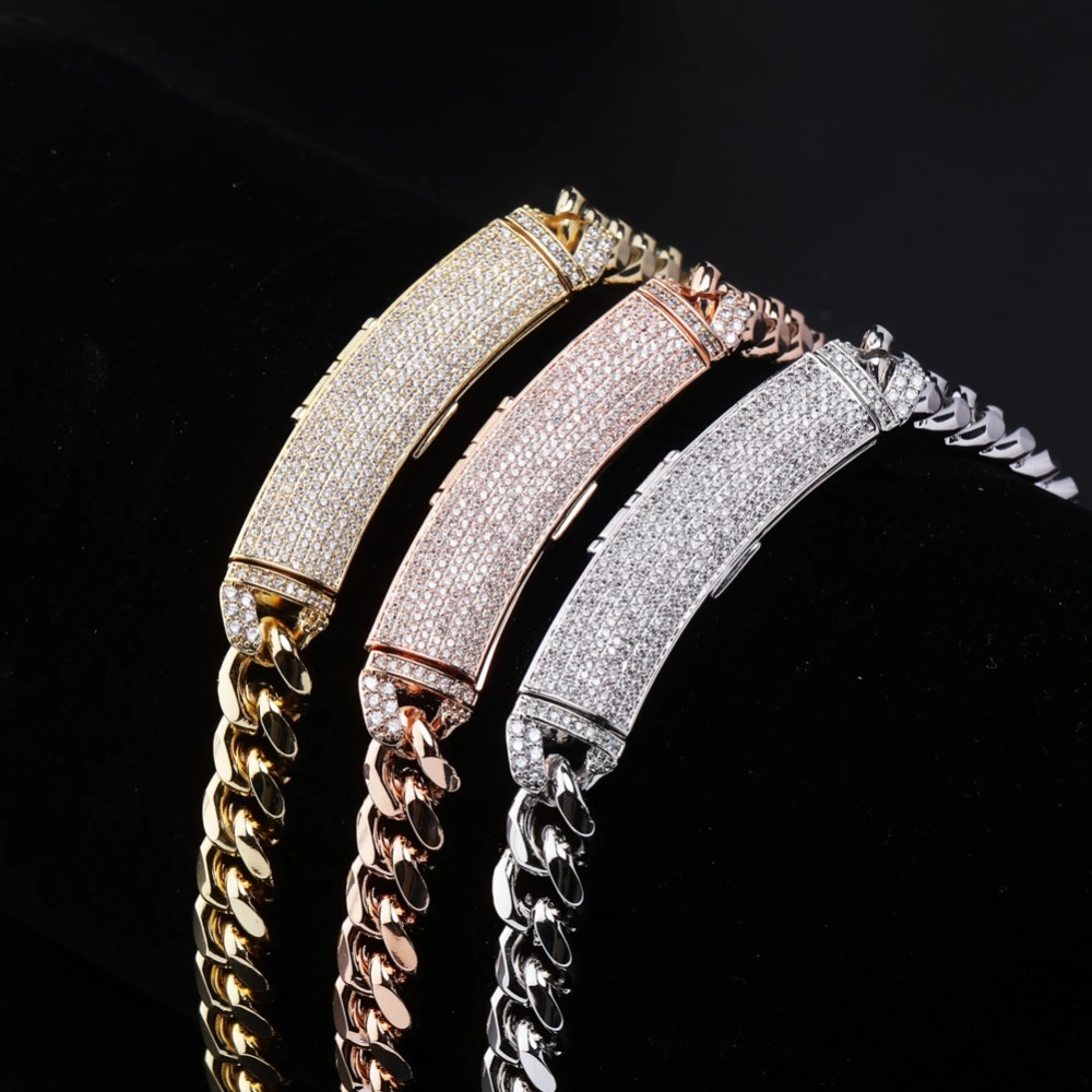 New Long Buckle Style Jewelry Hip Hop Rock Copper Gold Silver Rose Gold Plated Iced out CZ Stone 12mm Cuban Link Necklace