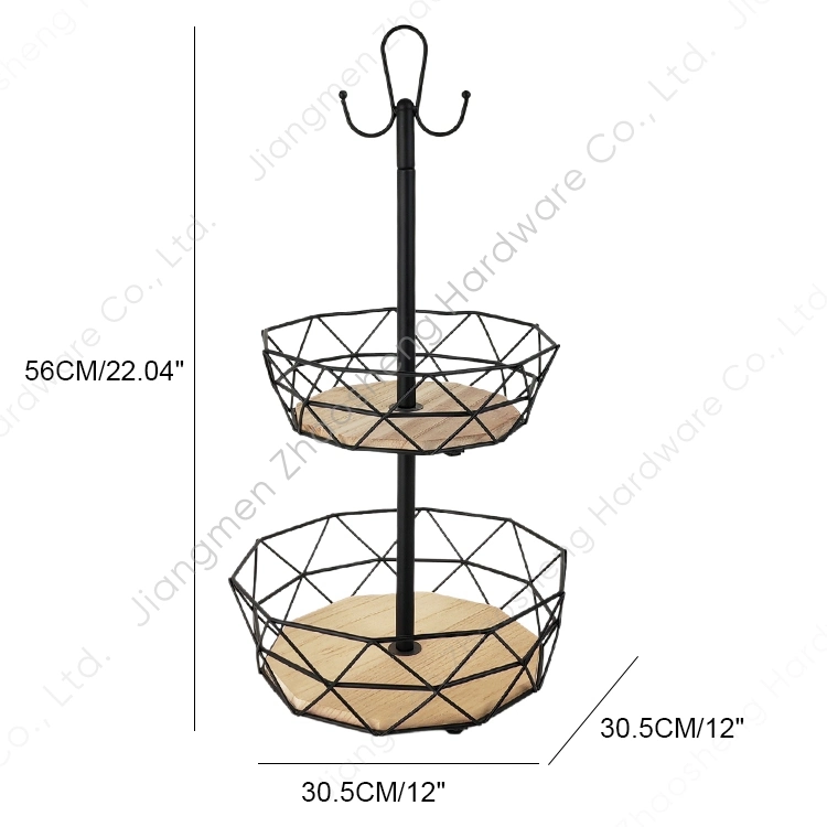 Countertop Bamboo Bottom Wire Storage Holder Stand Metal Fruit Basket with Banana Hanger