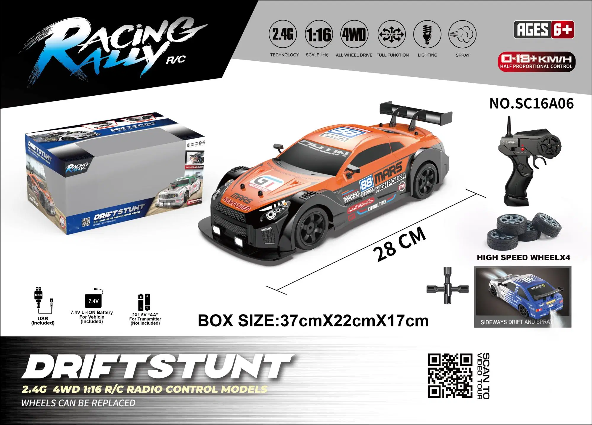 New Product 1: 16 Simulation 4WD Drift Car Sc16A05 Open Window Box Package Power 2.4GHz LED Lights Smoke Function R/C Toy