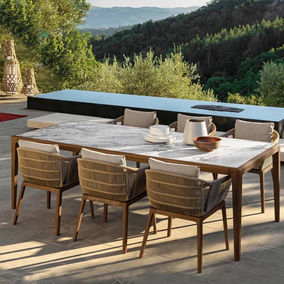 Le restaurant d'Osier en rotin rotin Ensemble 6 pièces en plein air Jeu de tables et chaises en bois Meubles de salle à manger en plein air jeux de jardin