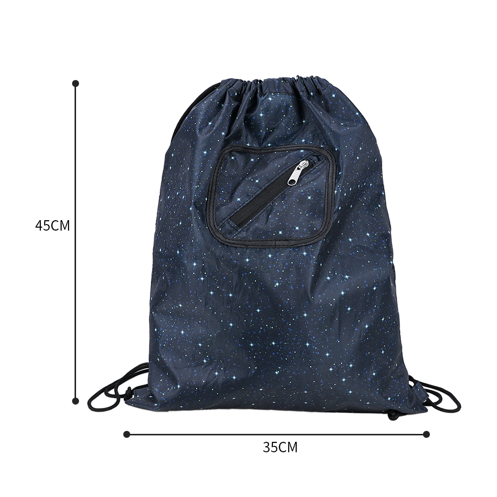 Custom Print Foldable RPET Polyester Drawstring Backpack Bag with Zipper Pocket