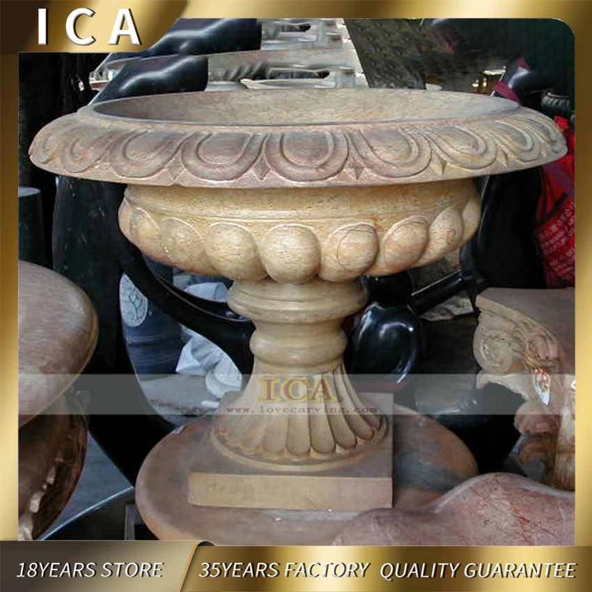 Hand-Carved Marble Round Garden Decoration Nature Stone Flowerpot