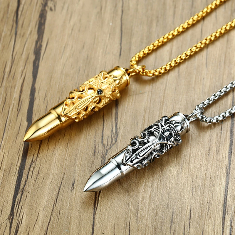 Stainless Steel Bullet Pendant Gold Silver Men's Double Dragon Sword Jewelry Pendant