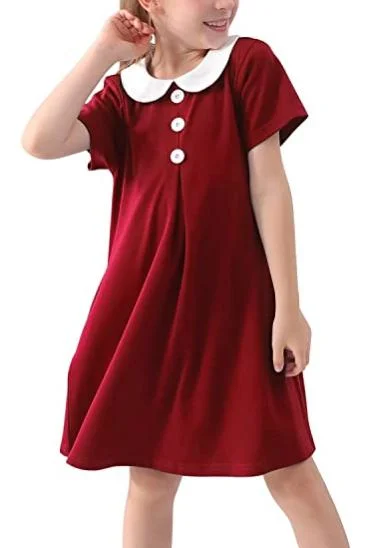 Girl White Peter Pan Collar School Uniform Short Sleeve Jumper Polo Dress for 4-14t