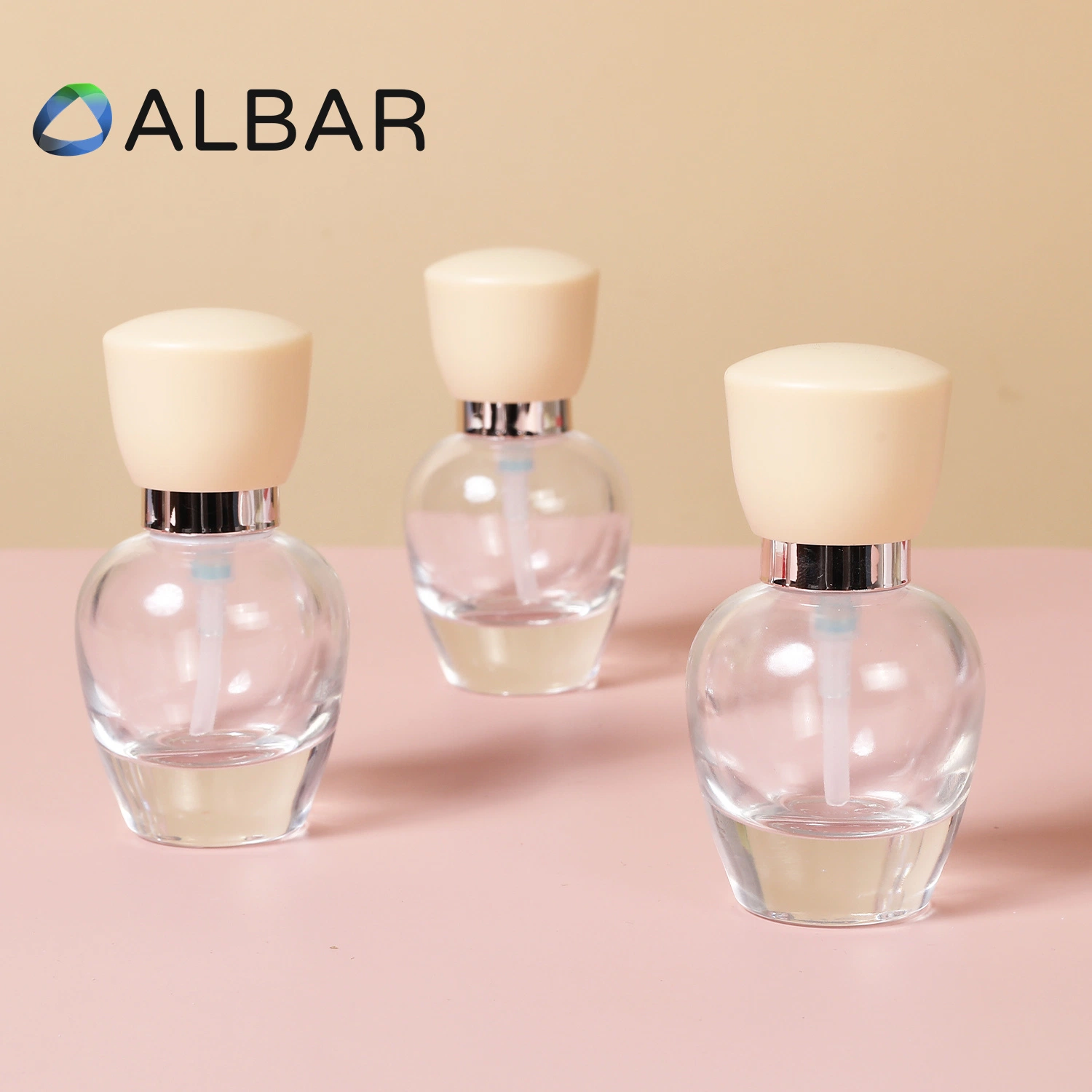 Cosmetic Small Size Short Oval Round Thick Bottom Glass Serum Oil Perfume Bottles with 30ml Press Cap or Glass Dropper in High Purity Clear and Pink Caps