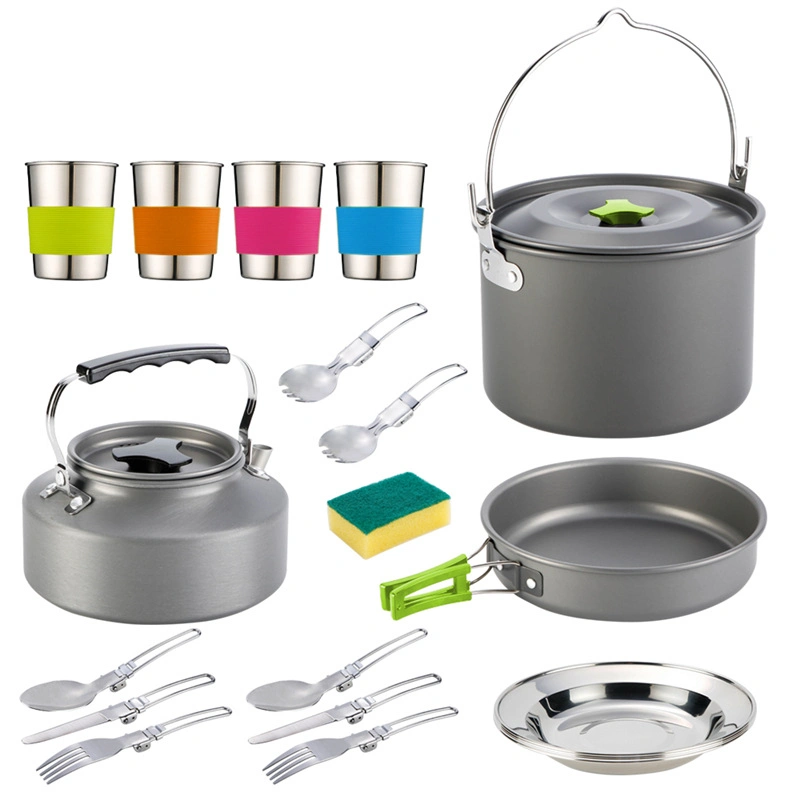 Heißer Verkauf Reise-Zubehör Wasserkocher Big Pot Antihaft Pfanne Falten Besteck Wasser Cup Camping Hart Eloxiert Aluminium Kochgeschirr Set