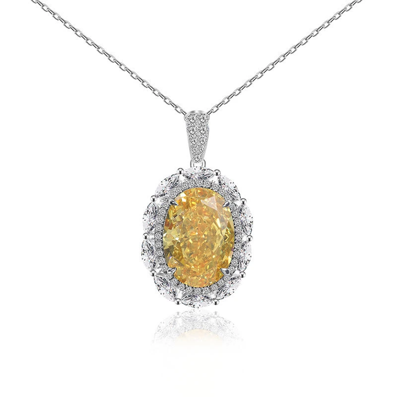 S925 Silver Fashion Luxury Ice Flower Cut Big Yellow Diamond Topaz Pigeon Egg High Quality 8A Cubic Zirconia 18K Gold Plating Ring Necklace Fine Jewelry Set