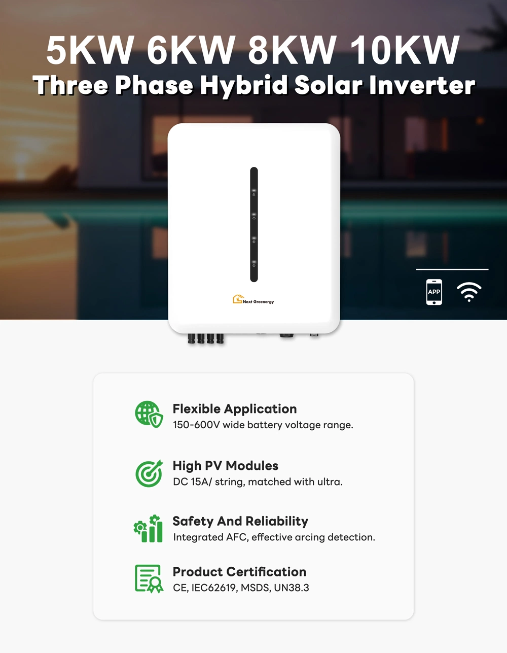 Three Phase Frequency Hybrid Inverter 270-480V 5kw 8kw 10kw 5kVA Hybrid Solar Power Inverter