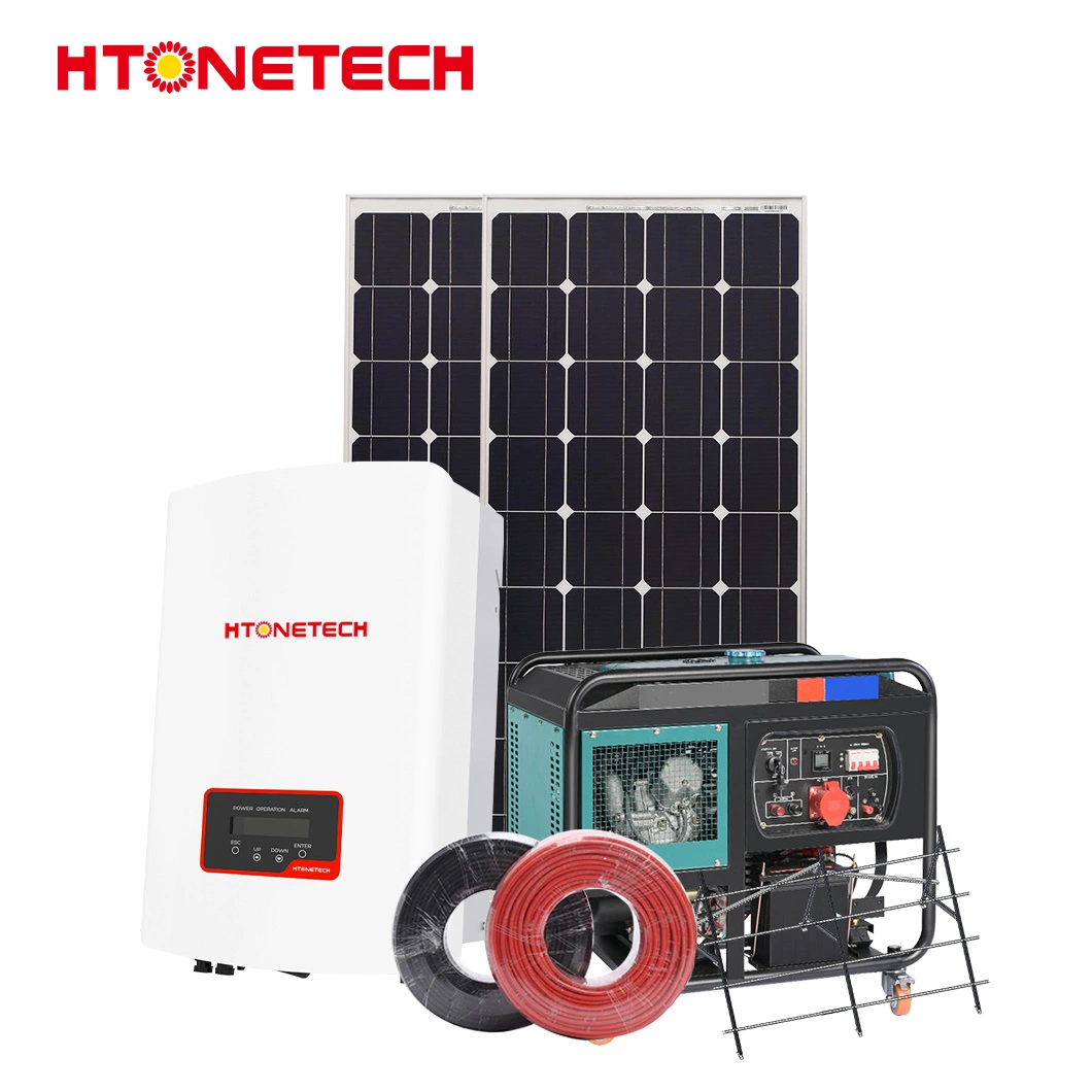 Htonetech Solar Panels 100 Watt Monocrystalline Wholesale/Supplierrs 10kw 3 Phase Hybrid Inverter China Whole House Solar Power System with Fuel Filter Diesel Generator