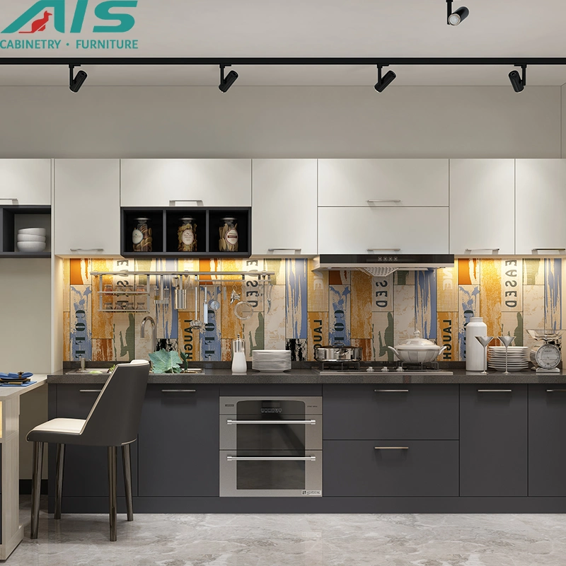 AIS European Morden Simple Classic Furniture Set Modular Grey Lacquerl Shape Cabinets Kitchen for Small Apartment